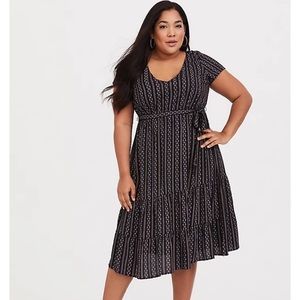 Torrid BLACK DOT STRIPE CHALLIS TIERED MIDI DRESS
